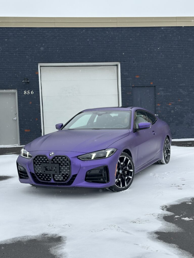 BMW 430i with a full purple matte metallic vinyl wrap conversion in Ottawa.