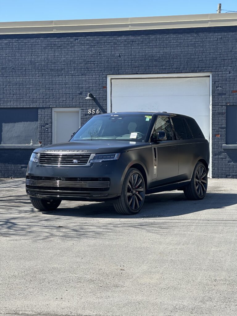 2026 Range Rover SVR featuring a full satin black vinyl wrap conversion in Ottawa.